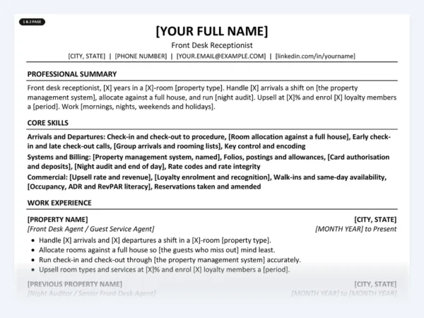 Front Desk Receptionist resume template, one page, ATS-friendly layout