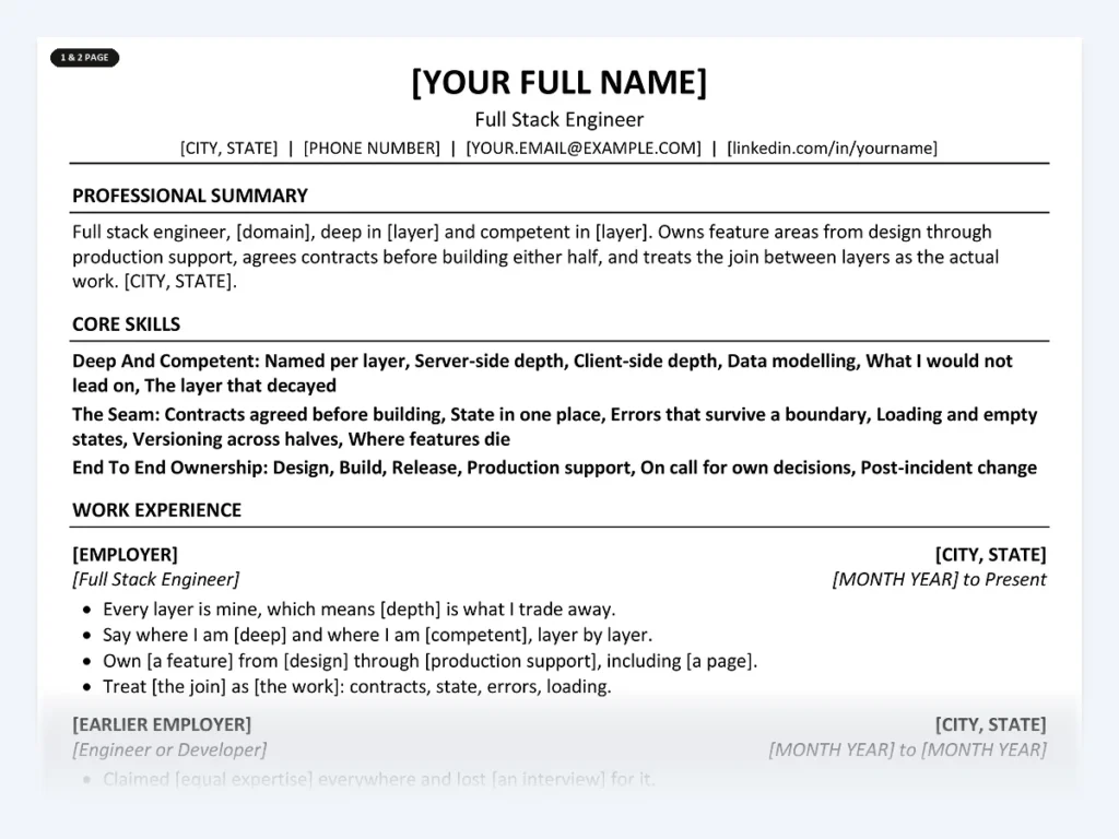 Full Stack Engineer resume template, one page, ATS-friendly layout