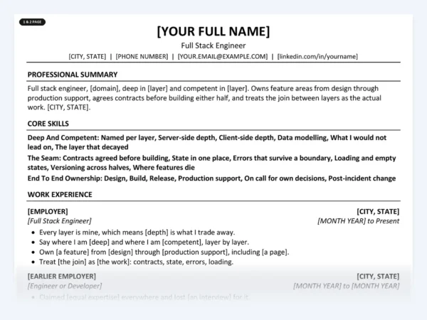 Full Stack Engineer resume template, one page, ATS-friendly layout