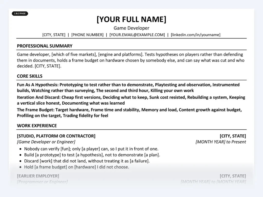 Game Developer resume template, one page, ATS-friendly layout