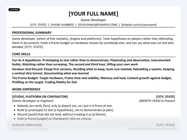 Game Developer resume template, one page, ATS-friendly layout