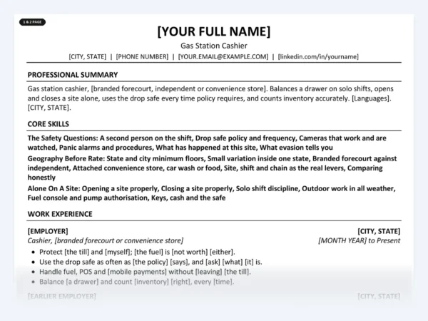Gas Station Cashier resume template, one page, ATS-friendly layout