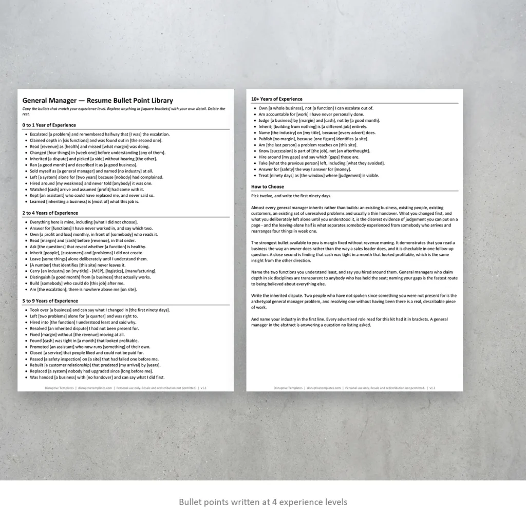 General Manager resume bullet points written at four experience levels