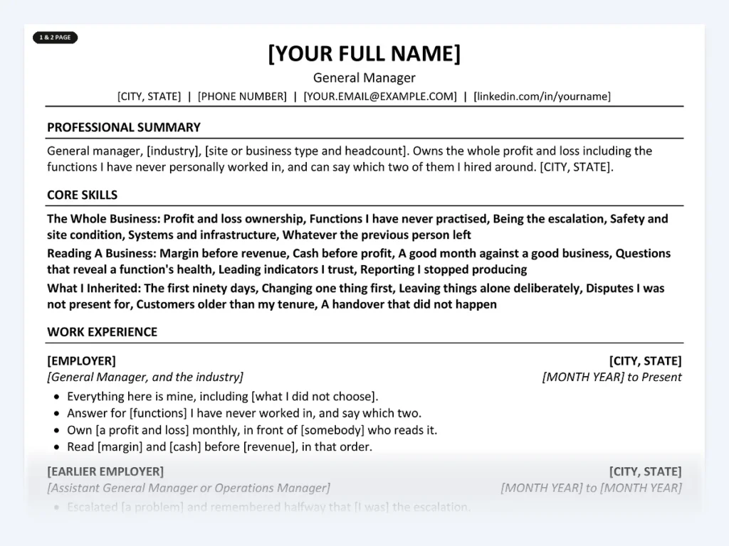 General Manager resume template, one page, ATS-friendly layout