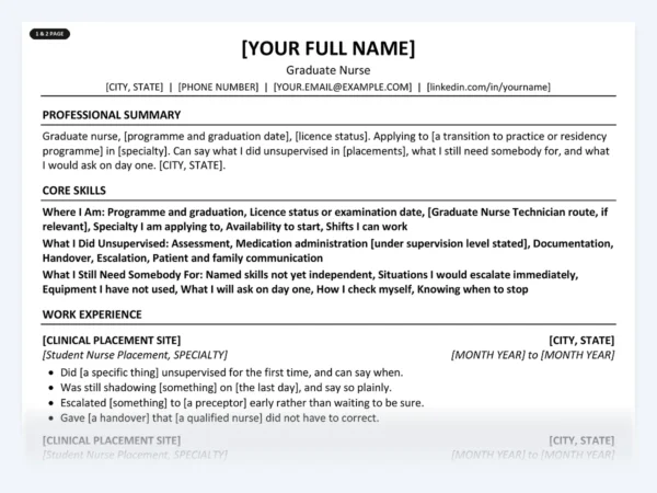 Graduate Nurse resume template, one page, ATS-friendly layout