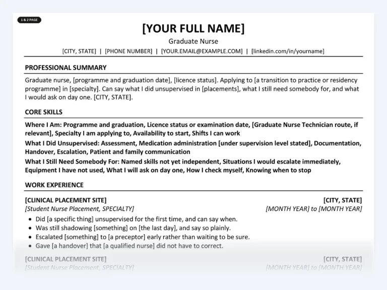 One-page graduate nurse resume template from the Disruptive Templates graduate nurse kit