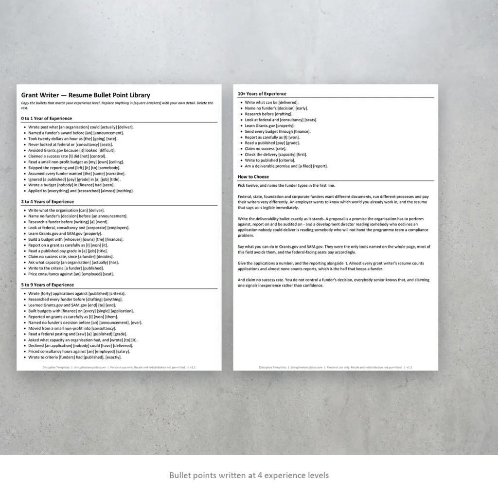 Grant Writer resume bullet points written at four experience levels