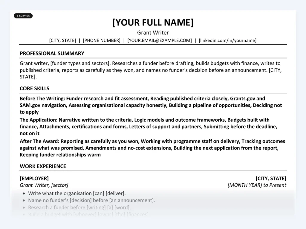 Grant Writer resume template, one page, ATS-friendly layout