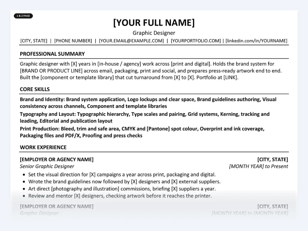 Graphic Designer resume template, one page, ATS-friendly layout