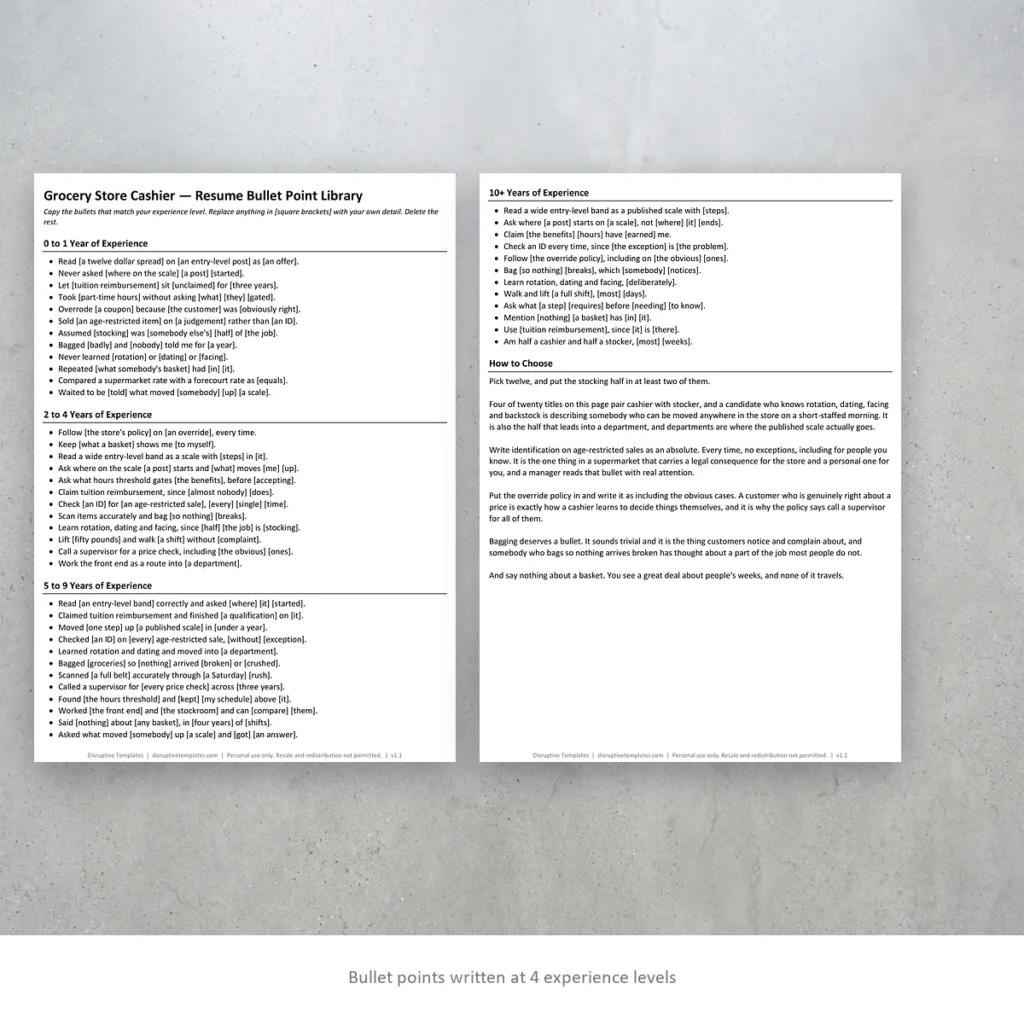 Grocery Store Cashier resume bullet points written at four experience levels