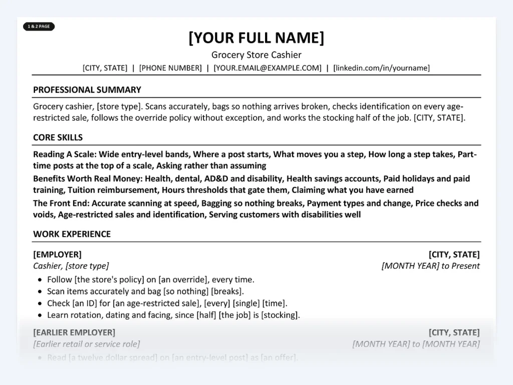Grocery Store Cashier resume template, one page, ATS-friendly layout
