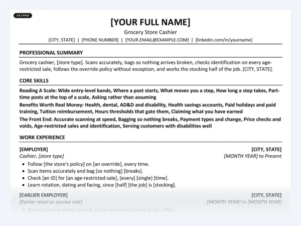 Grocery Store Cashier resume template, one page, ATS-friendly layout