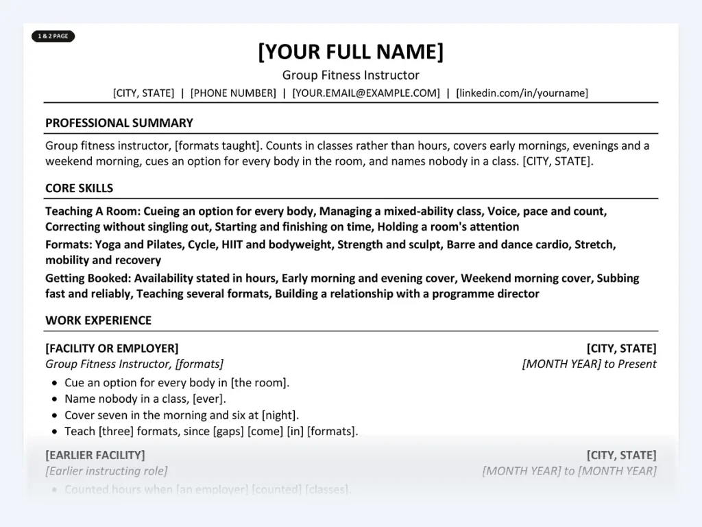 Group Fitness Instructor resume template, one page, ATS-friendly layout