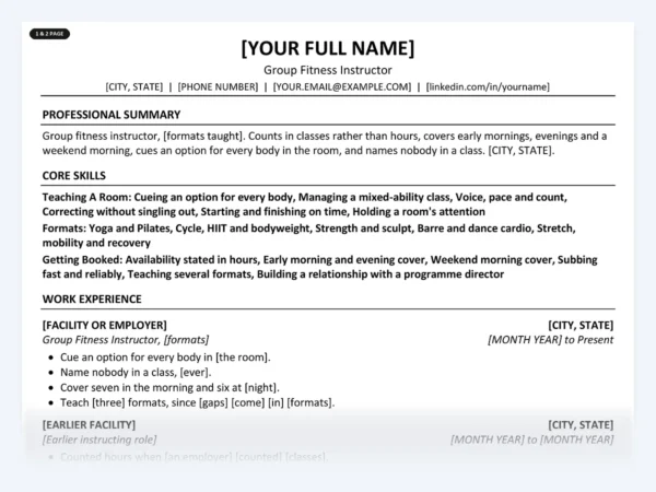 Group Fitness Instructor resume template, one page, ATS-friendly layout