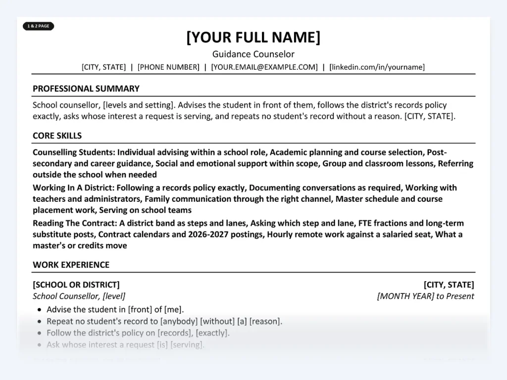 Guidance Counselor resume template, one page, ATS-friendly layout