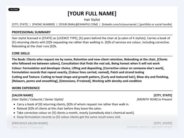 Hair Stylist resume template, one page, ATS-friendly layout
