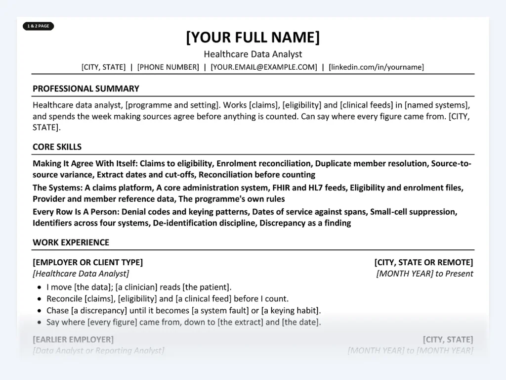 Healthcare Data Analyst resume template, one page, ATS-friendly layout