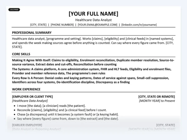 Healthcare Data Analyst resume template, one page, ATS-friendly layout