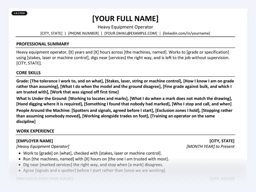 Heavy Equipment Operator resume template, one page, ATS-friendly layout