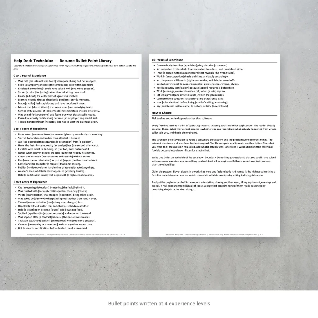 Help Desk Technician resume bullet points written at four experience levels