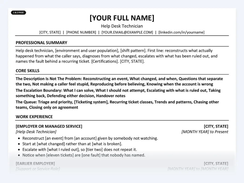 Help Desk Technician resume template, one page, ATS-friendly layout
