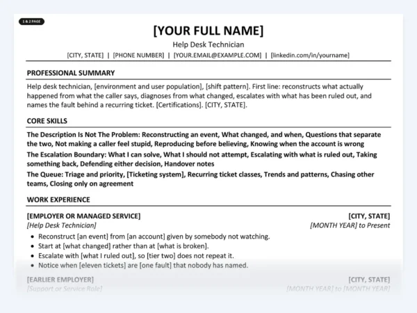 Help Desk Technician resume template, one page, ATS-friendly layout