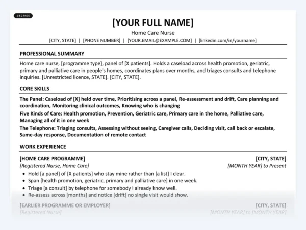 Home Care Nurse resume template, one page, ATS-friendly layout