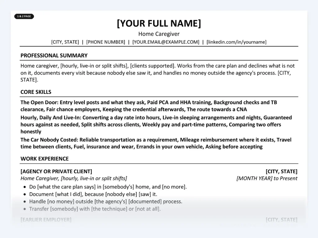 Home Caregiver resume template, one page, ATS-friendly layout