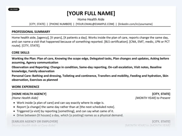 Home Health Aide resume template, one page, ATS-friendly layout