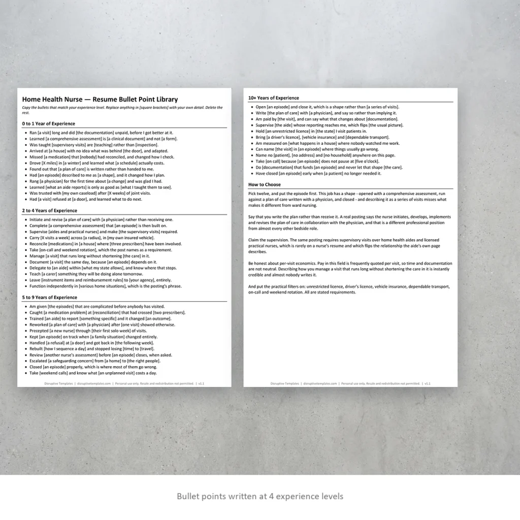 Home Health Nurse resume bullet points written at four experience levels