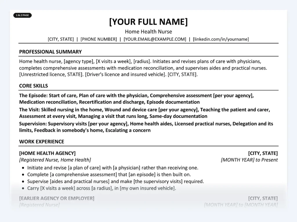 Home Health Nurse resume template, one page, ATS-friendly layout