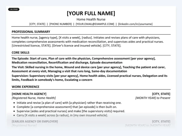 Home Health Nurse resume template, one page, ATS-friendly layout