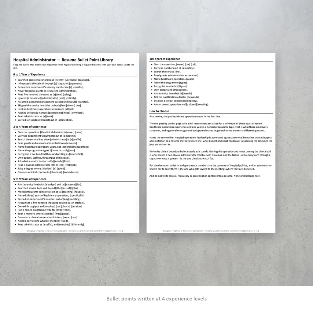 Hospital Administrator resume bullet points written at four experience levels