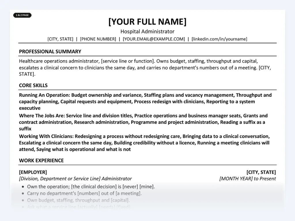 Hospital Administrator resume template, one page, ATS-friendly layout
