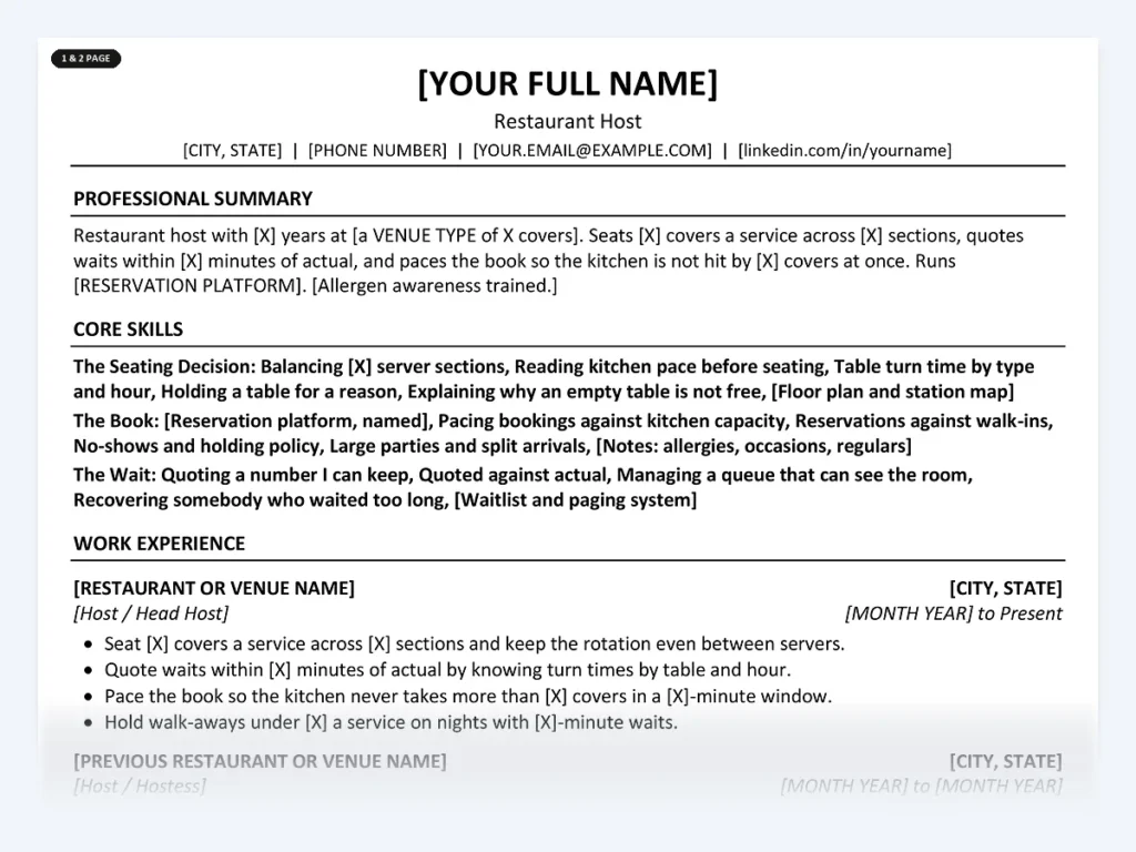 Restaurant Host resume template, one page, ATS-friendly layout