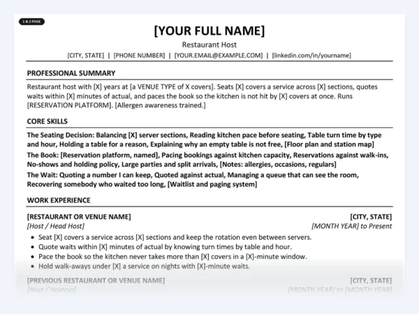 Restaurant Host resume template, one page, ATS-friendly layout