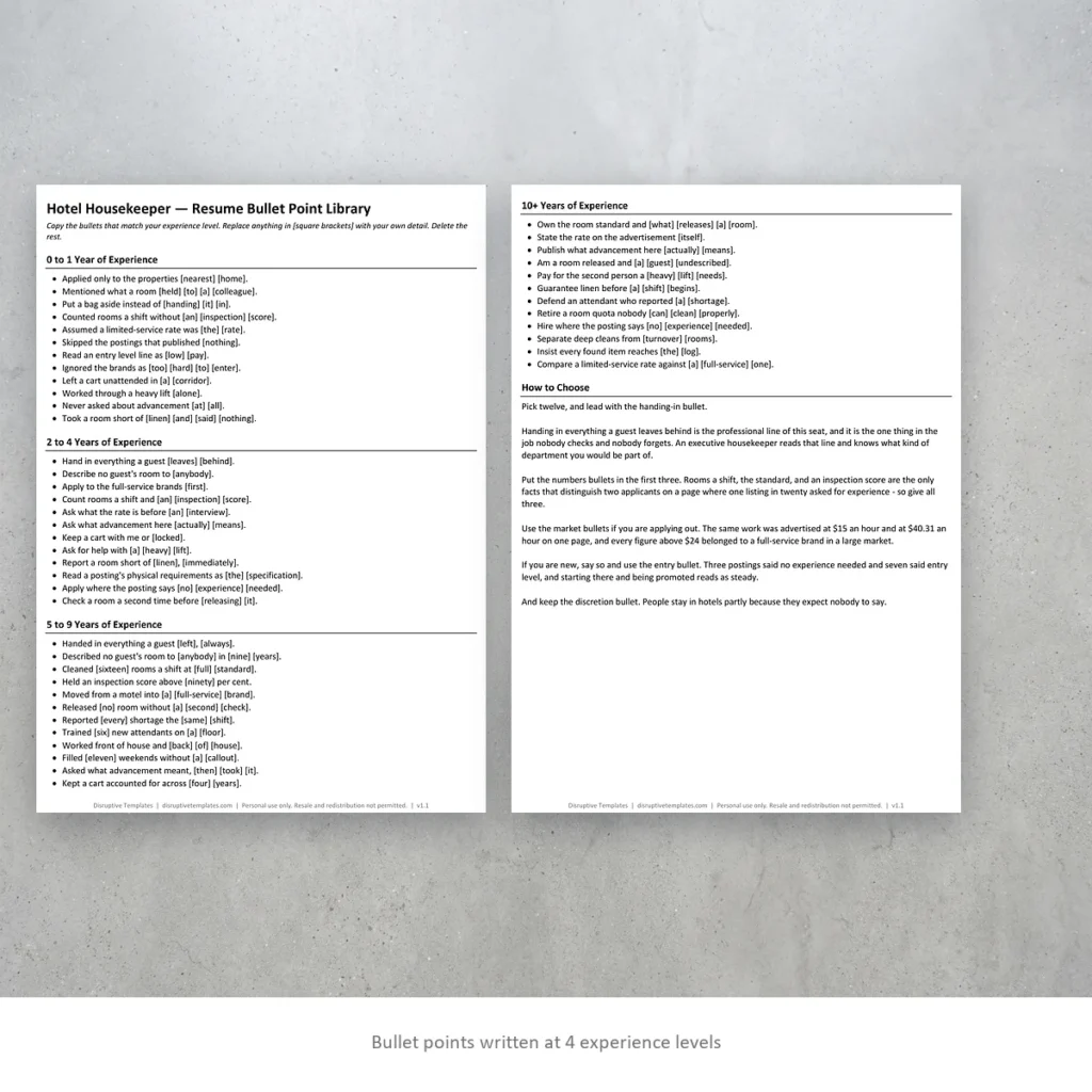 Hotel Housekeeper resume bullet points written at four experience levels