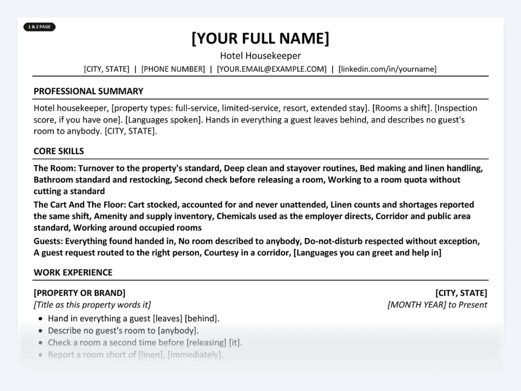 Hotel Housekeeper resume template, one page, ATS-friendly layout