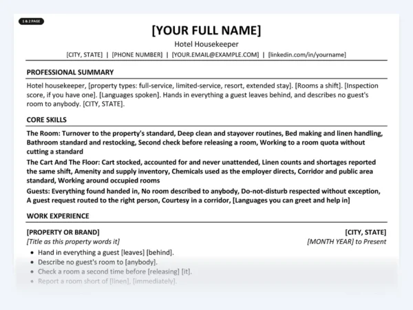 Hotel Housekeeper resume template, one page, ATS-friendly layout