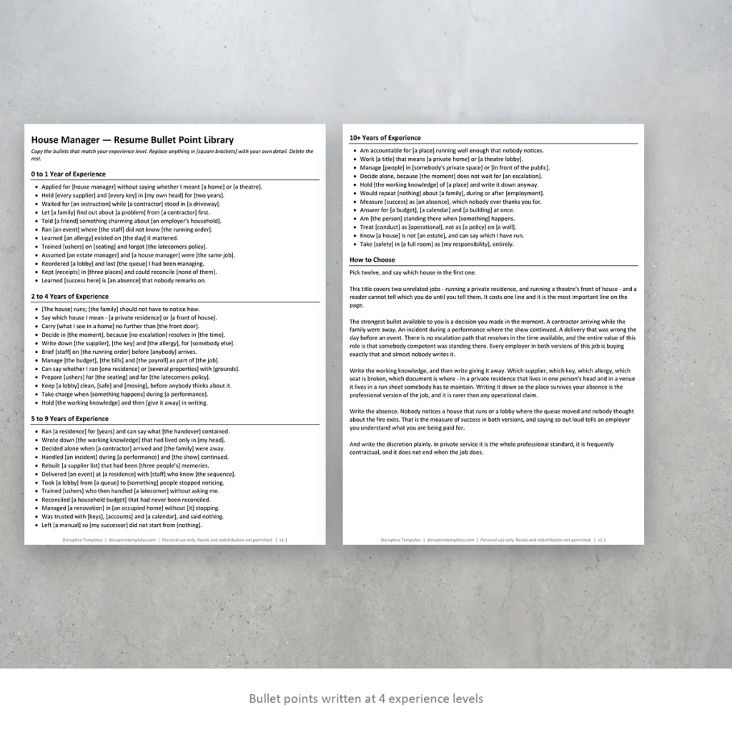 House Manager resume bullet points written at four experience levels
