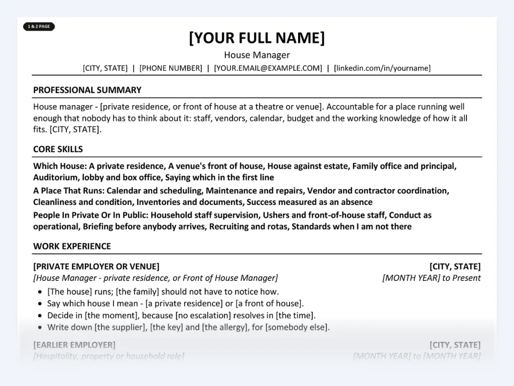 House Manager resume template, one page, ATS-friendly layout