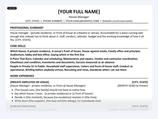 House Manager resume template, one page, ATS-friendly layout