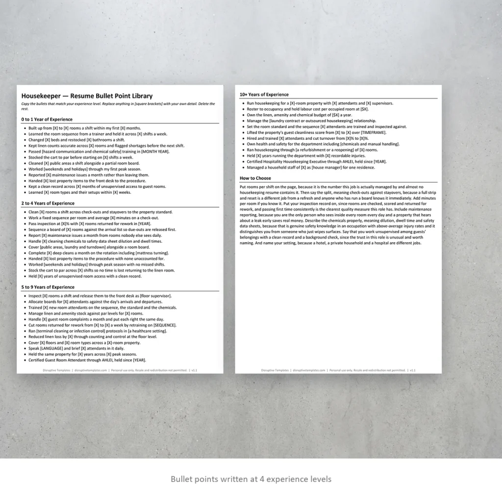 Housekeeper resume bullet points written at four experience levels