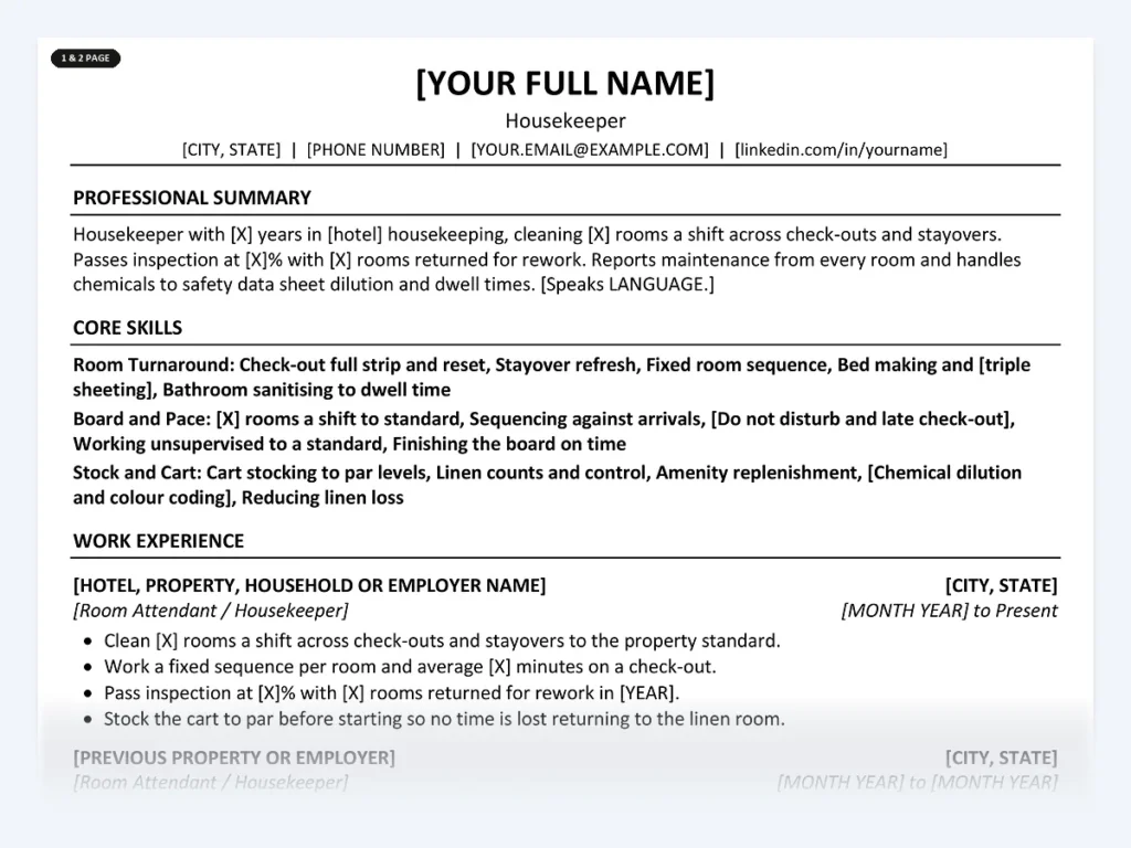 Housekeeper resume template, one page, ATS-friendly layout