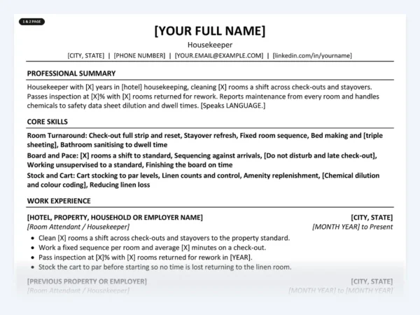 Housekeeper resume template, one page, ATS-friendly layout