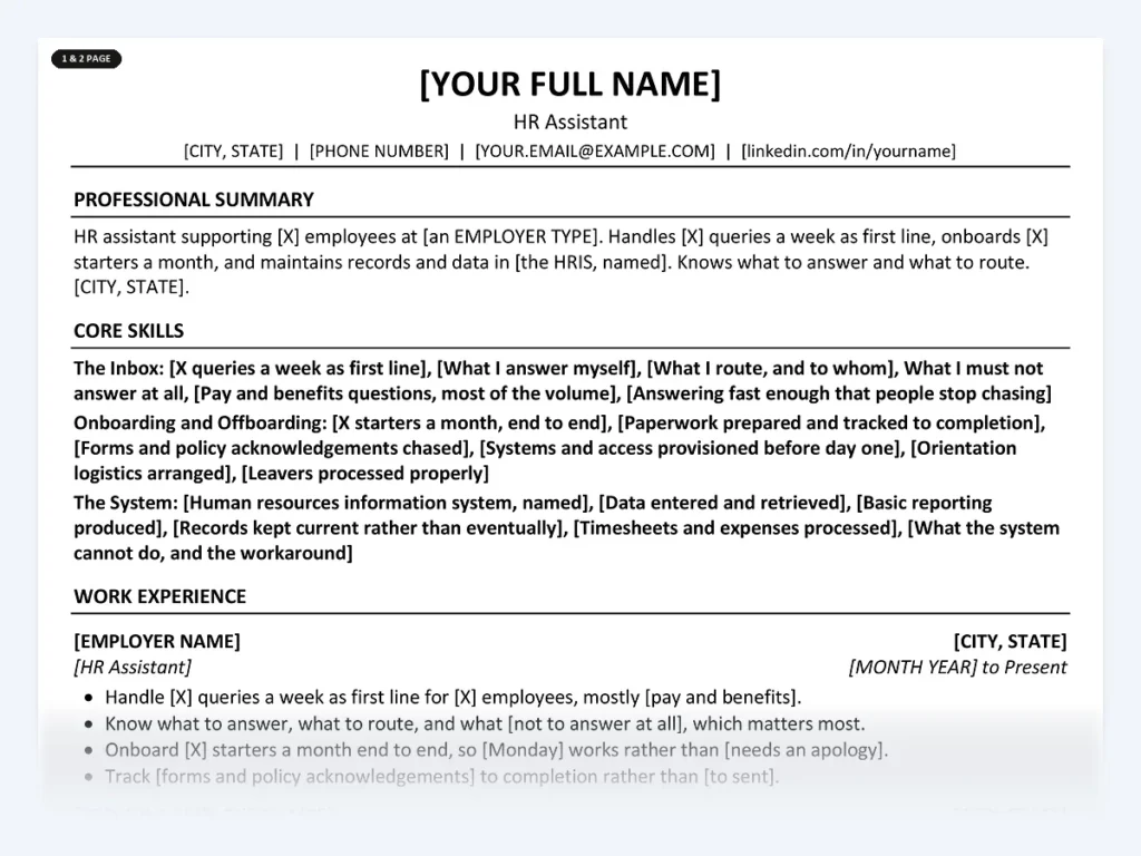 HR Assistant resume template, one page, ATS-friendly layout