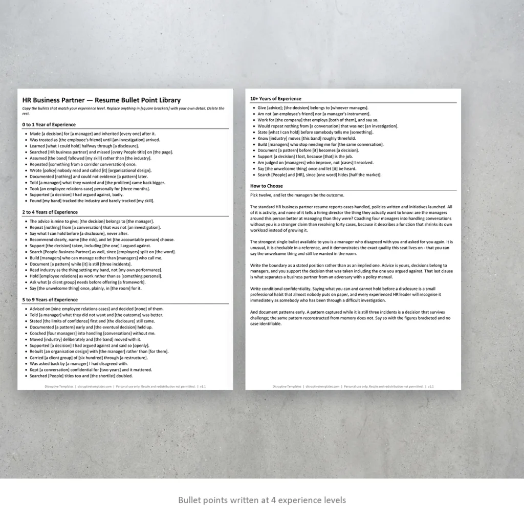 HR Business Partner resume bullet points written at four experience levels