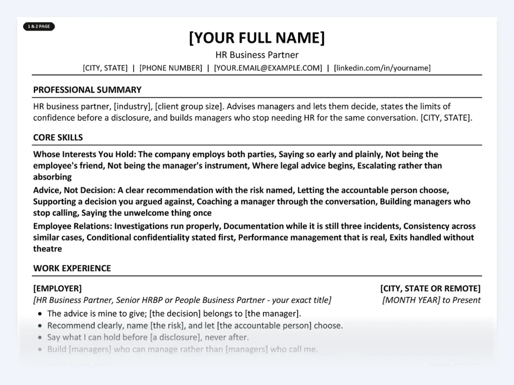HR Business Partner resume template, one page, ATS-friendly layout