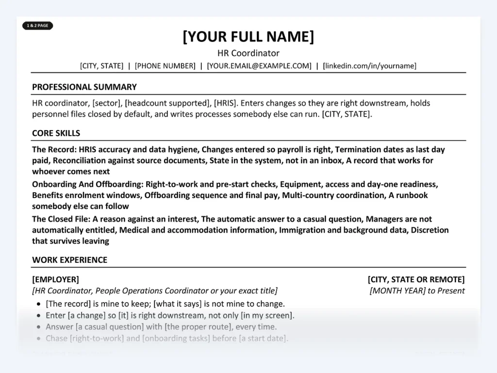 HR Coordinator resume template, one page, ATS-friendly layout