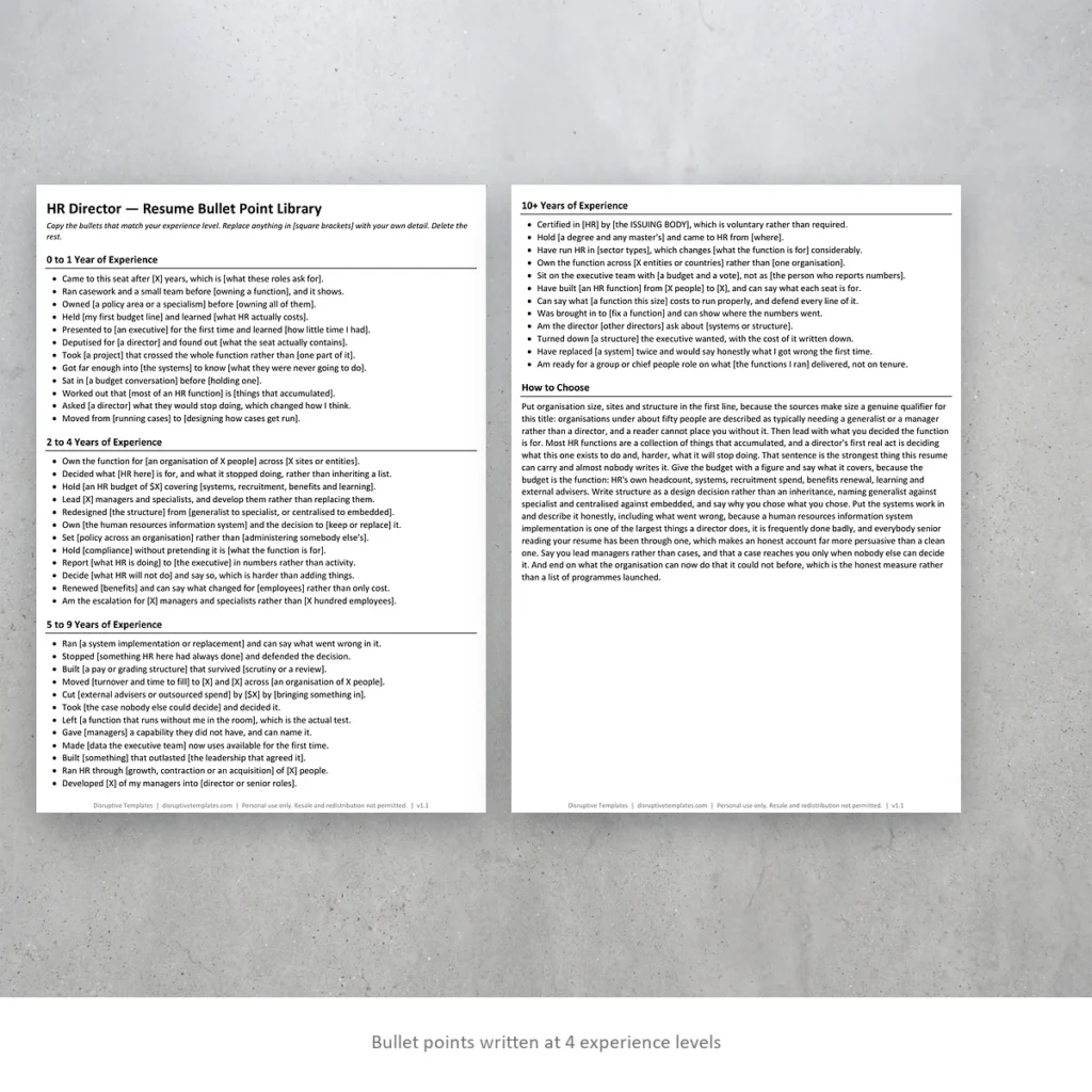 HR Director resume bullet points written at four experience levels